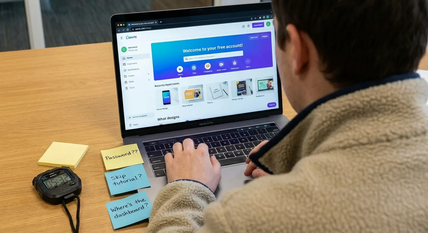 Over-the-shoulder photo of a first-time user setting up a free design app