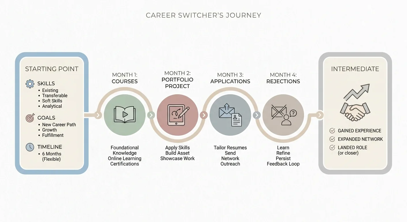 Clean flat infographic timeline for a career switcher, beginning with a starting