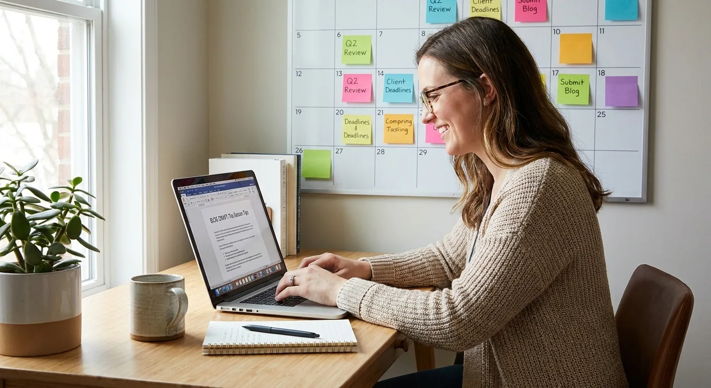 Realistic photo of an accountant at a tidy desk editing a blog