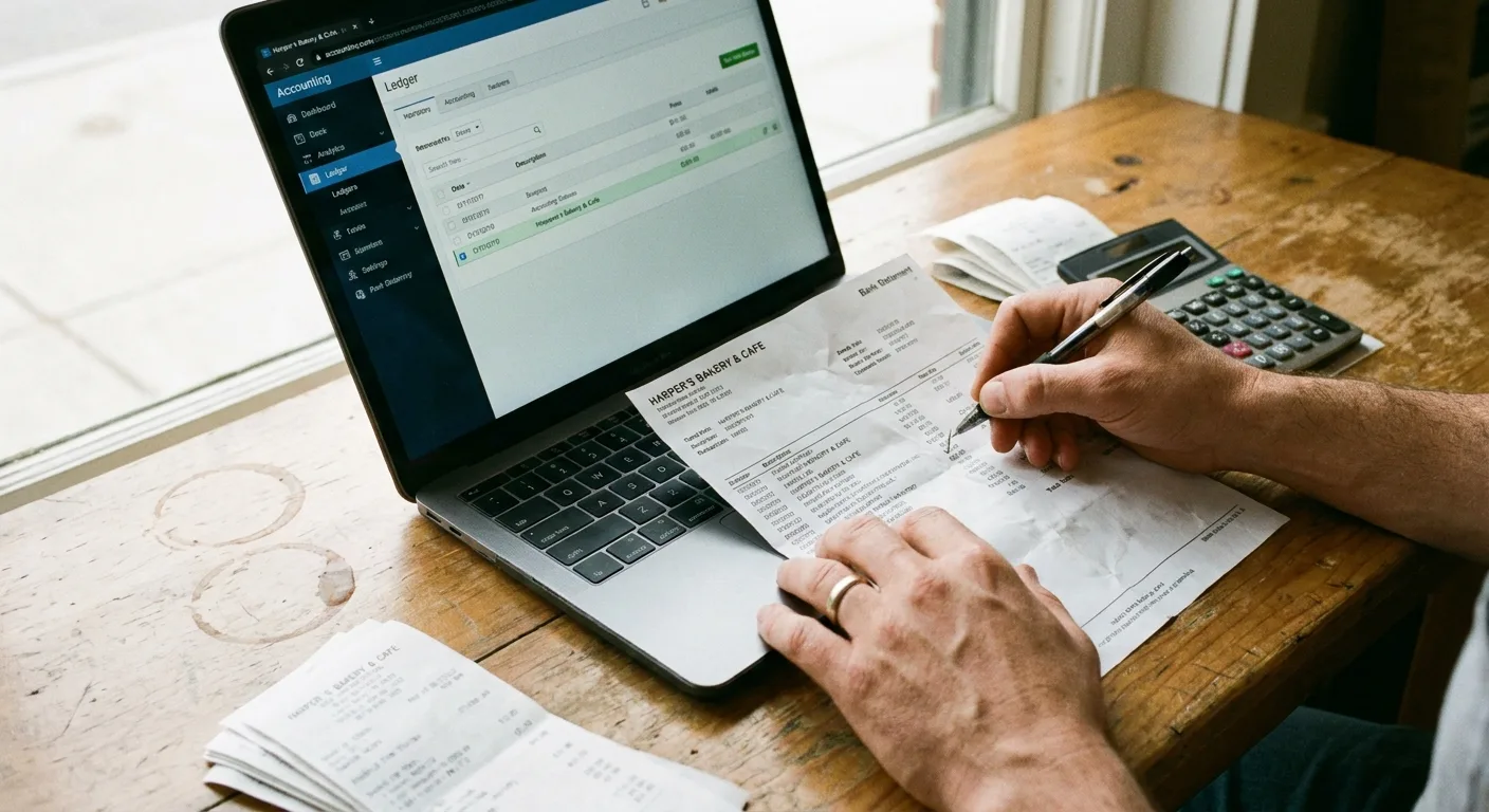 Realistic close-up of a small business owner reconciling a printed bank statement