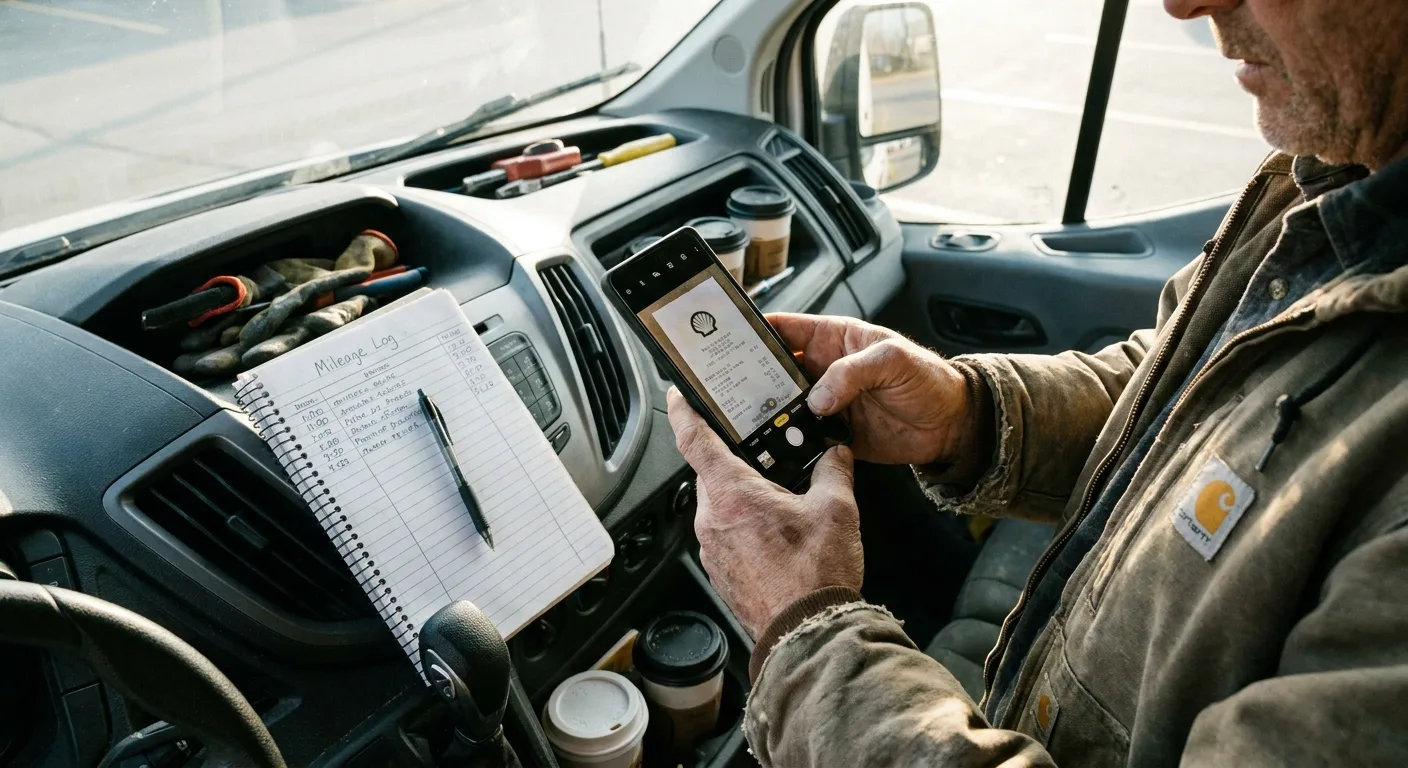 Realistic photo of a contractor photographing a fuel receipt with a smartphone