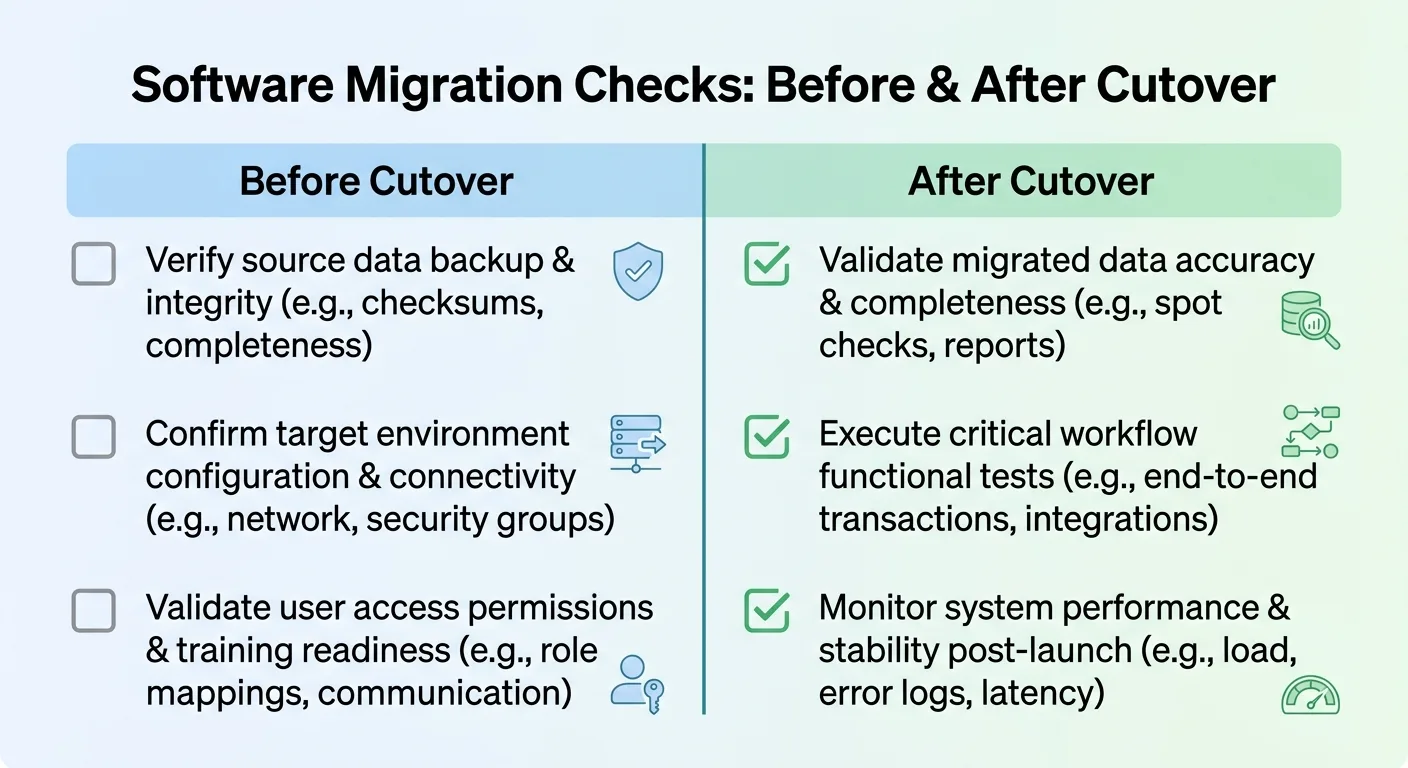 Clean two-column infographic titled Before Cutover and After Cutover, each column listing