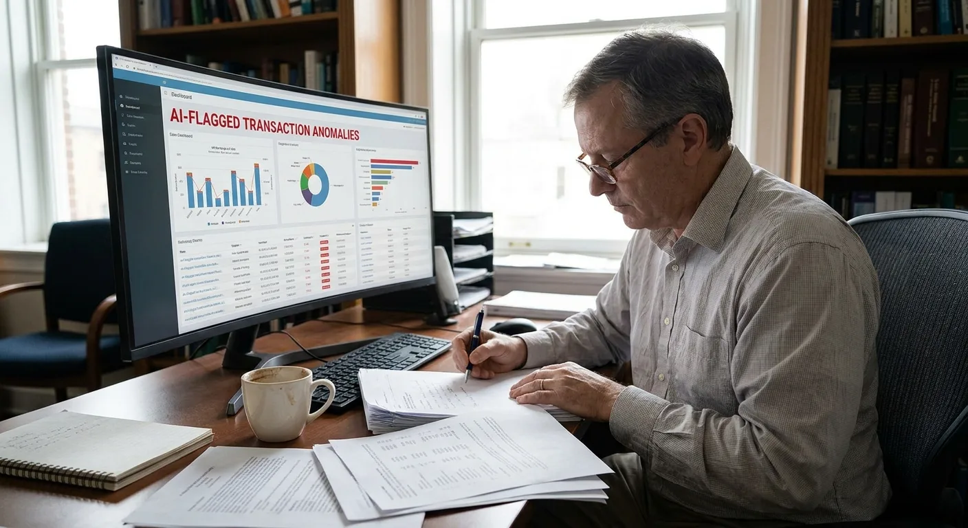 Realistic photo of an auditor reviewing AI-flagged transaction anomalies on a large