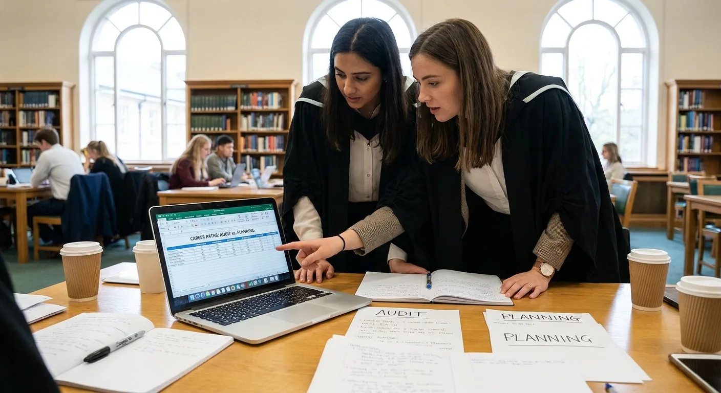 Realistic photo of two accounting graduates comparing career paths on a laptop