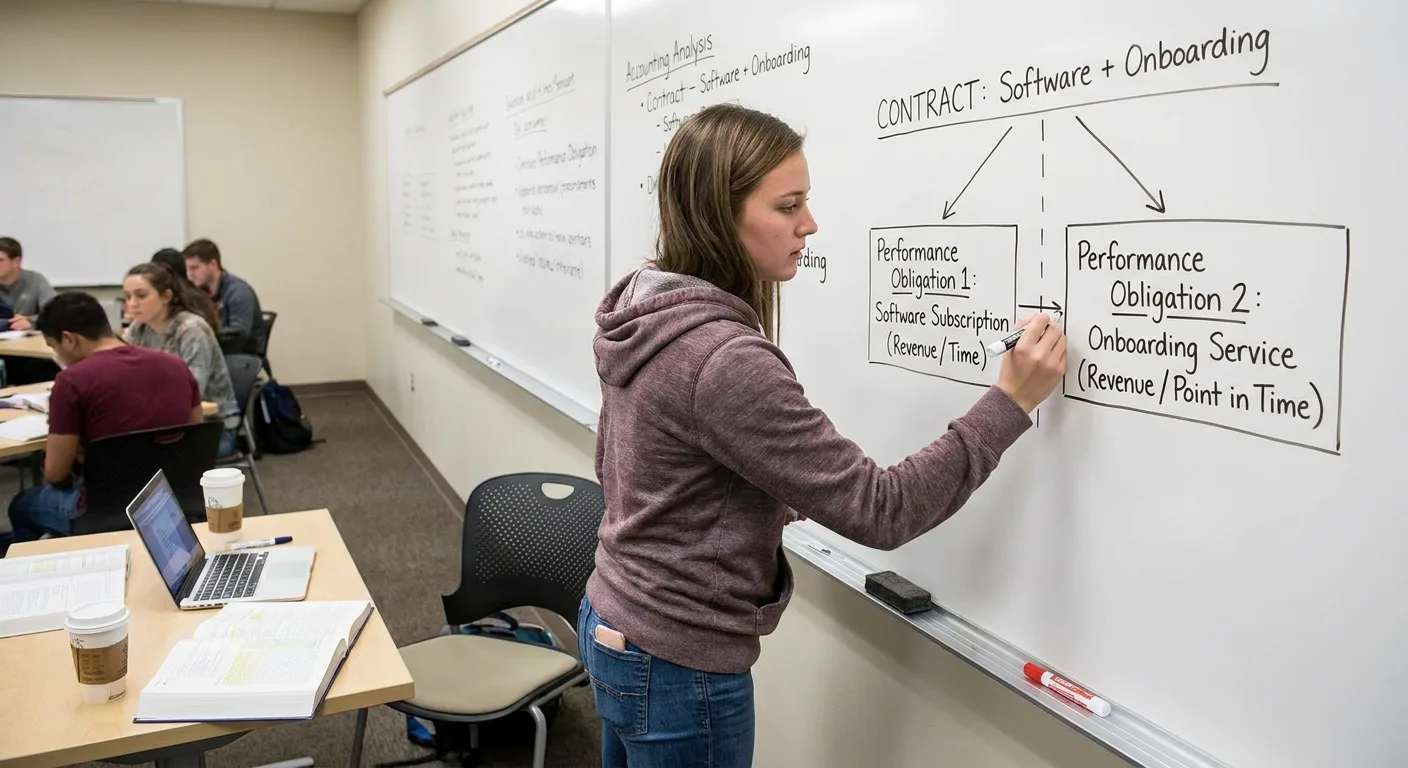 Realistic photo of an accounting student at a whiteboard splitting a software