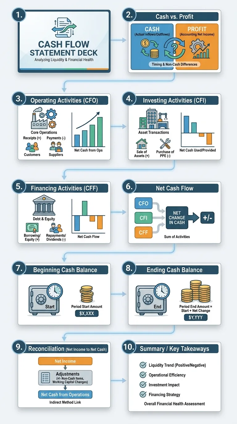 Vertical infographic of ten numbered slide thumbnails for a cash flow statement