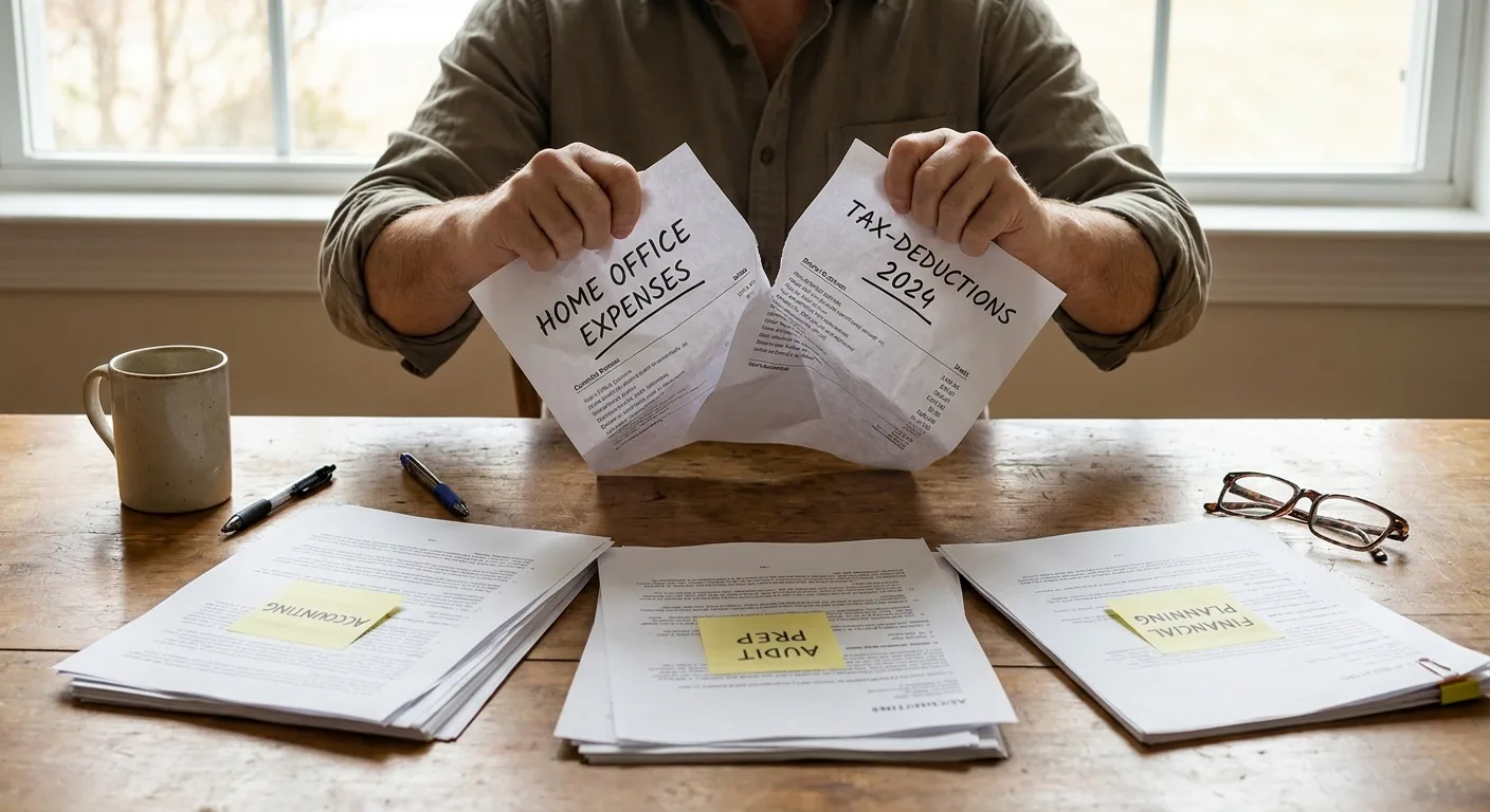 Realistic photo of a content planner at a desk sorting printed accounting
