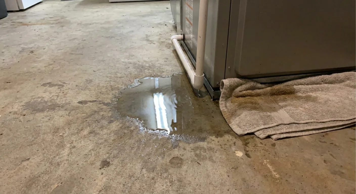 Realistic close-up of water pooling on a utility room floor beneath an