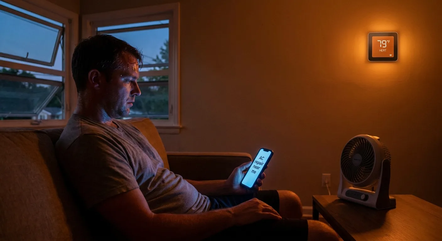 Realistic photo of a sweaty homeowner in a warm living room at