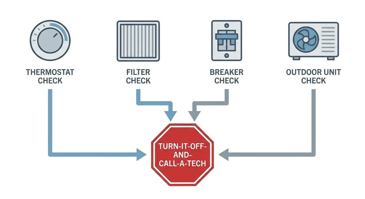 Clean flat infographic flowchart: thermostat, filter, breaker and outdoor unit checks leading