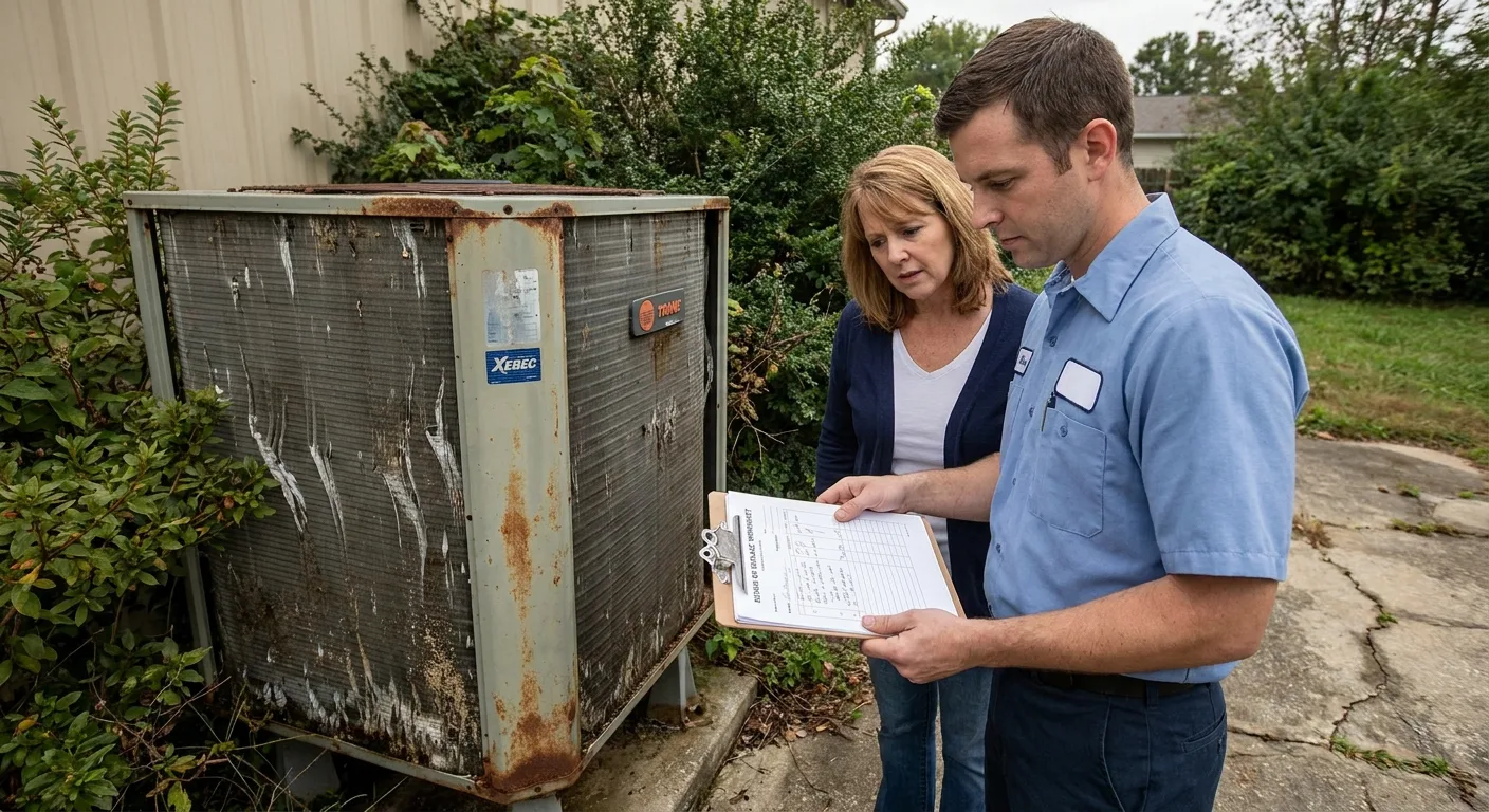 Realistic photo of a technician and homeowner reviewing a printed repair-or-replace worksheet