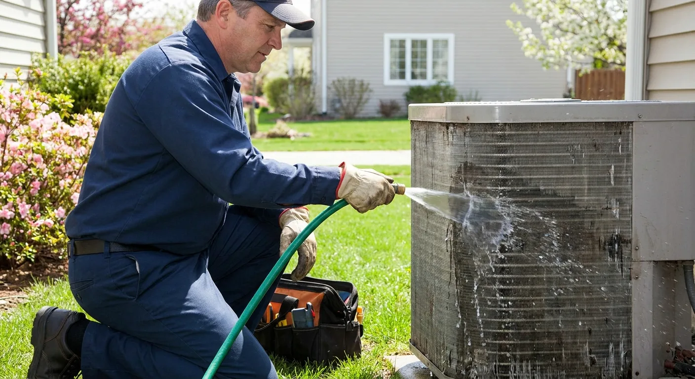 Realistic photo of an HVAC technician in a plain navy uniform rinsing