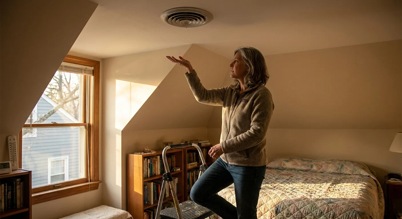 Realistic photo of a homeowner holding a hand up to a ceiling