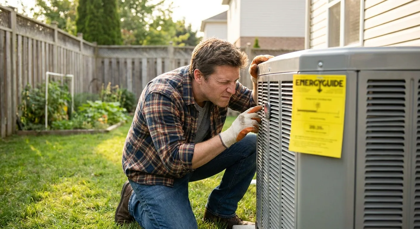 Realistic photo of a homeowner kneeling beside a new outdoor AC unit,