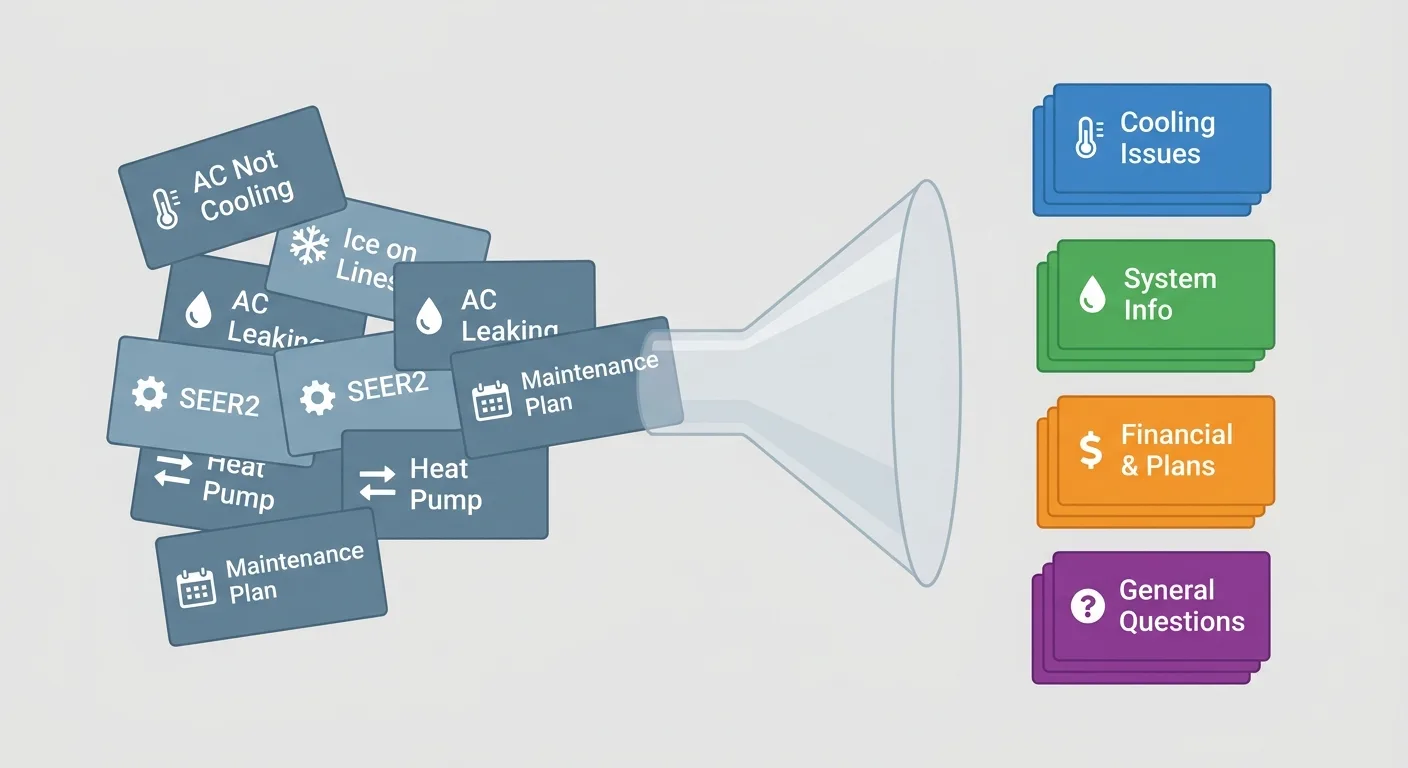Clean flat illustration of a long, messy list of HVAC blog topic