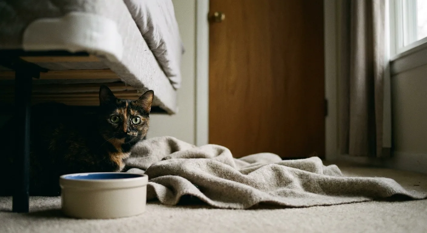 Realistic photo of a shy rescue cat peeking out from under a