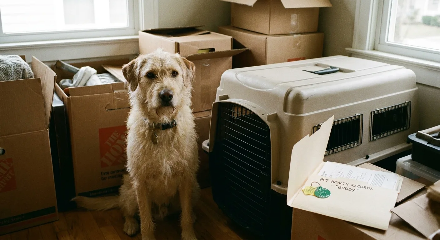 Realistic photo of a calm mixed-breed dog sitting among stacked moving boxes