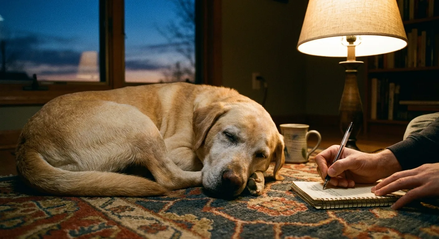 Realistic photo of a gray-muzzled senior Labrador resting on a rug at