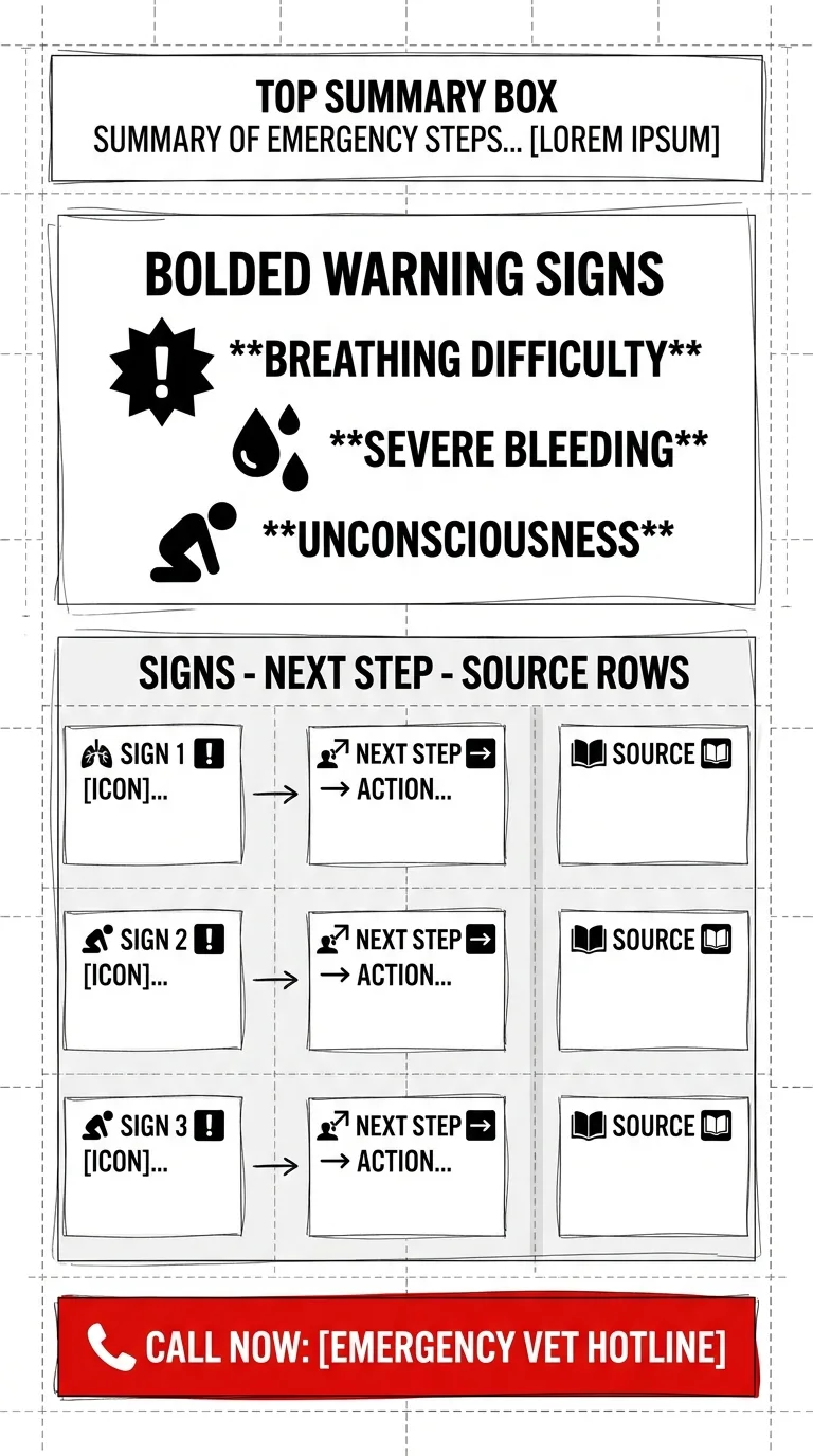 Vertical infographic wireframe of a pet emergency post, showing a top summary