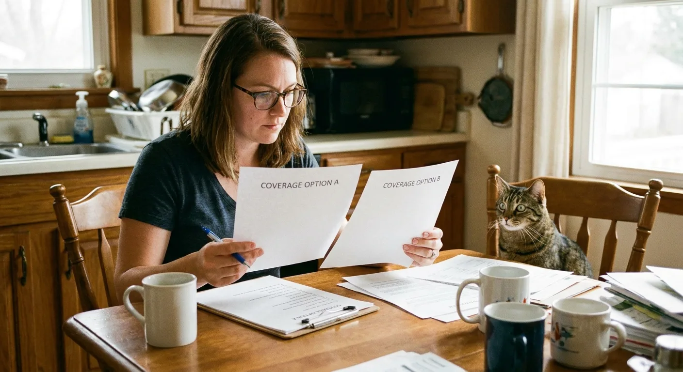 Realistic photo of a pet owner at a kitchen table comparing two