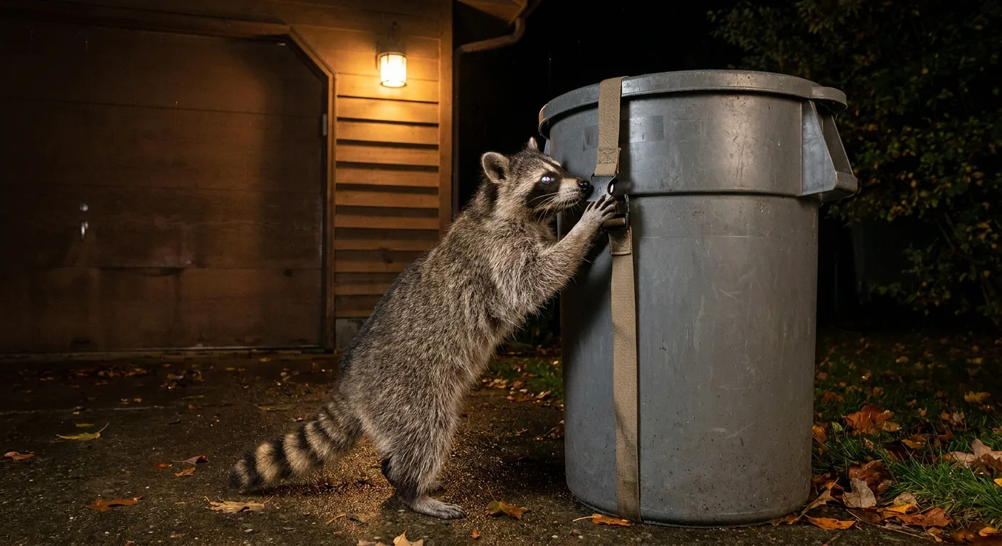 Realistic night photo of a curious raccoon inspecting a trash can secured