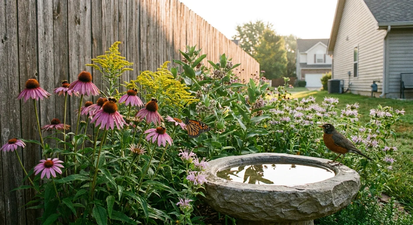 Realistic photo of a small native-plant garden bed with a shallow stone