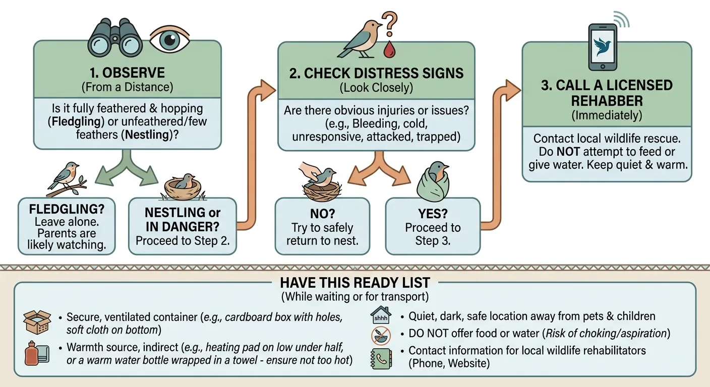 Simple flowchart infographic for a found baby bird, moving from observe to