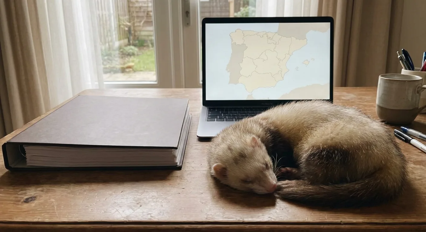 Realistic photo of a domestic ferret resting on a home office desk