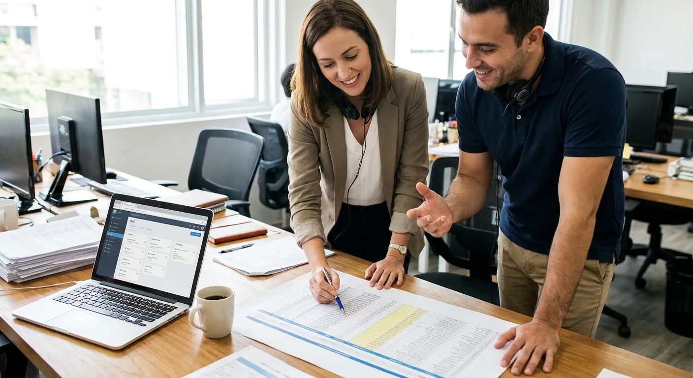 Realistic photo of a bank marketer and a call center agent reviewing
