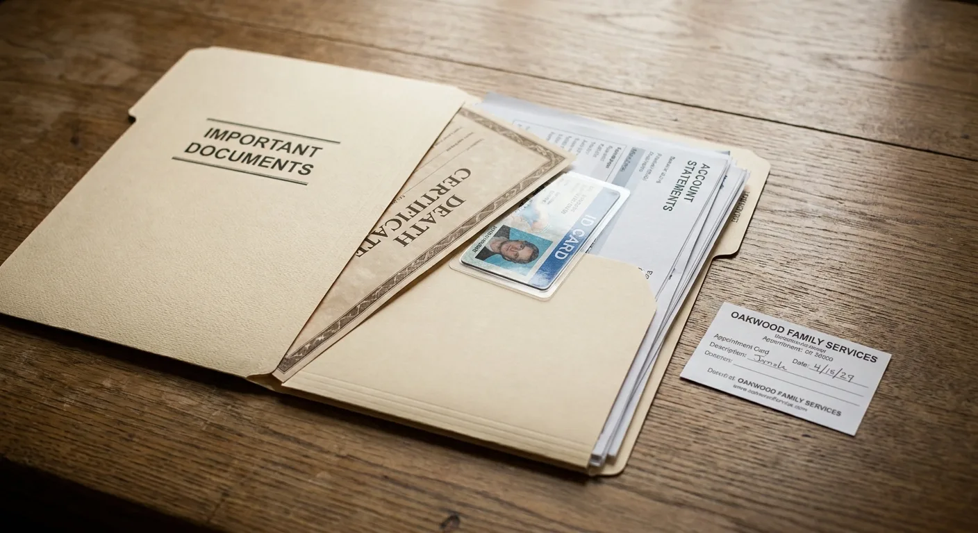 Soft-lit photo of a neatly organized folder with a death certificate, ID