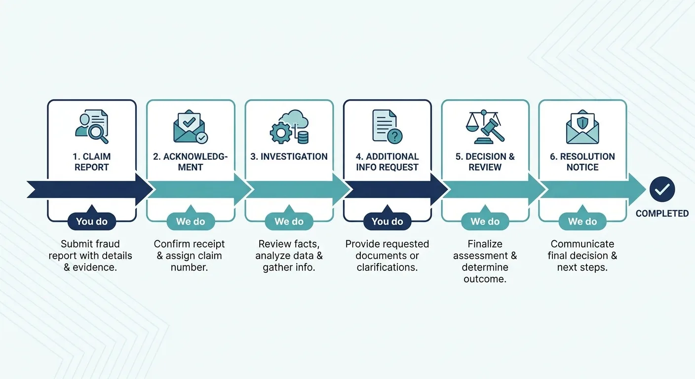 Clean flat infographic of a six-step fraud claim timeline from report to