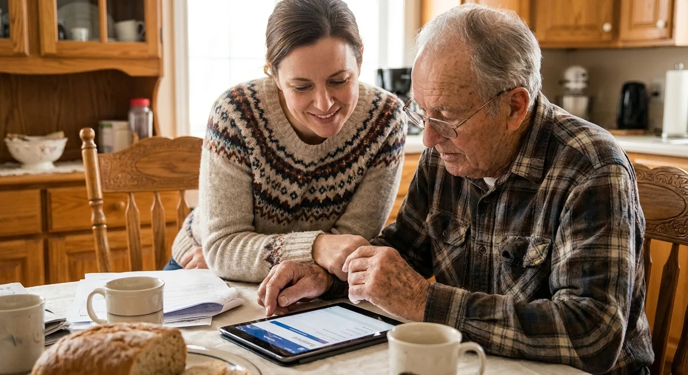 Warm photo of an adult daughter and her elderly father at a