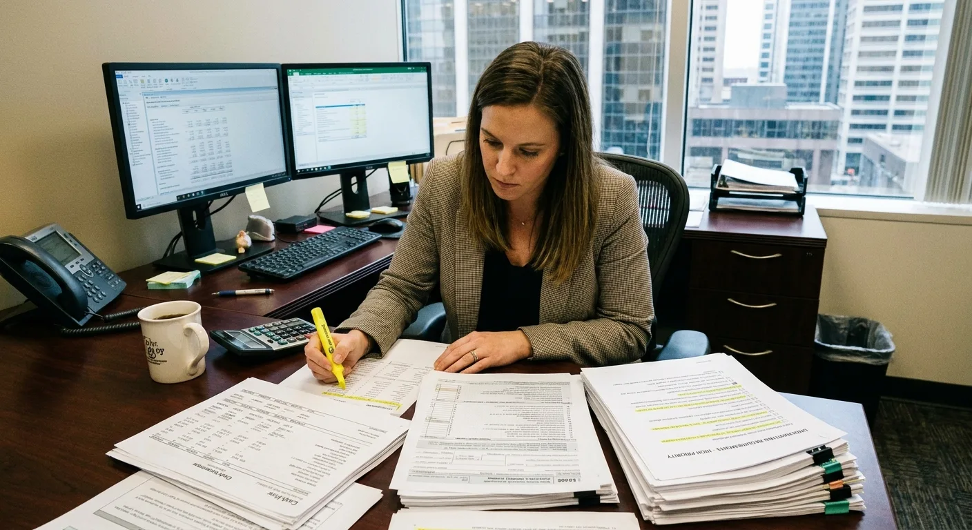 Photo of a commercial loan underwriter at a desk reviewing a business