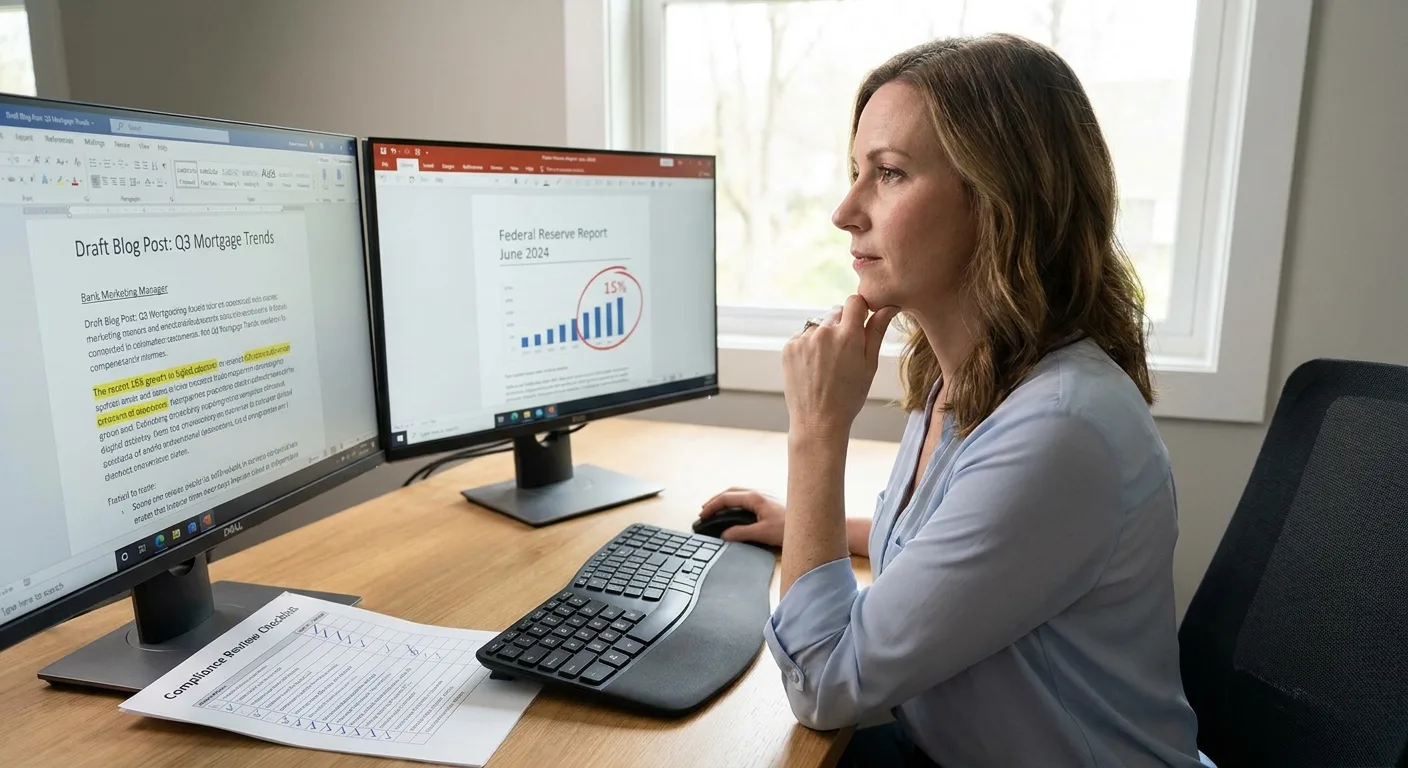 Realistic photo of a bank marketing manager at a desk with two