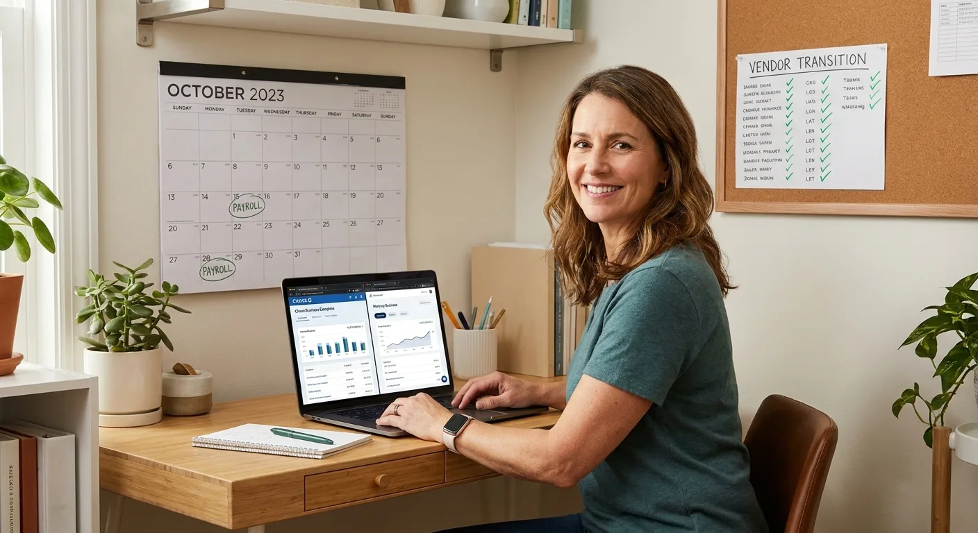 Realistic photo of a small business owner at a tidy office desk