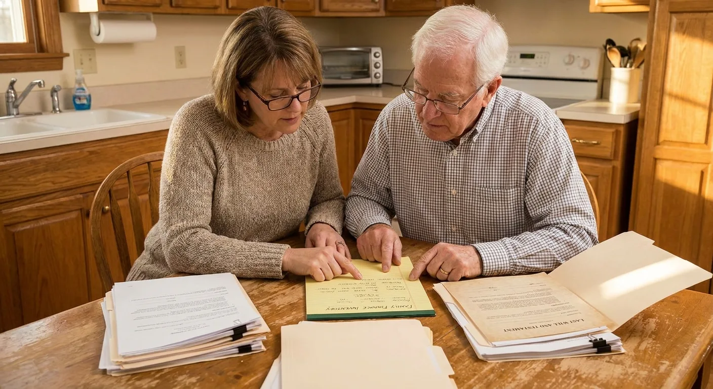 Adult daughter and elderly father at a kitchen table sorting folders of