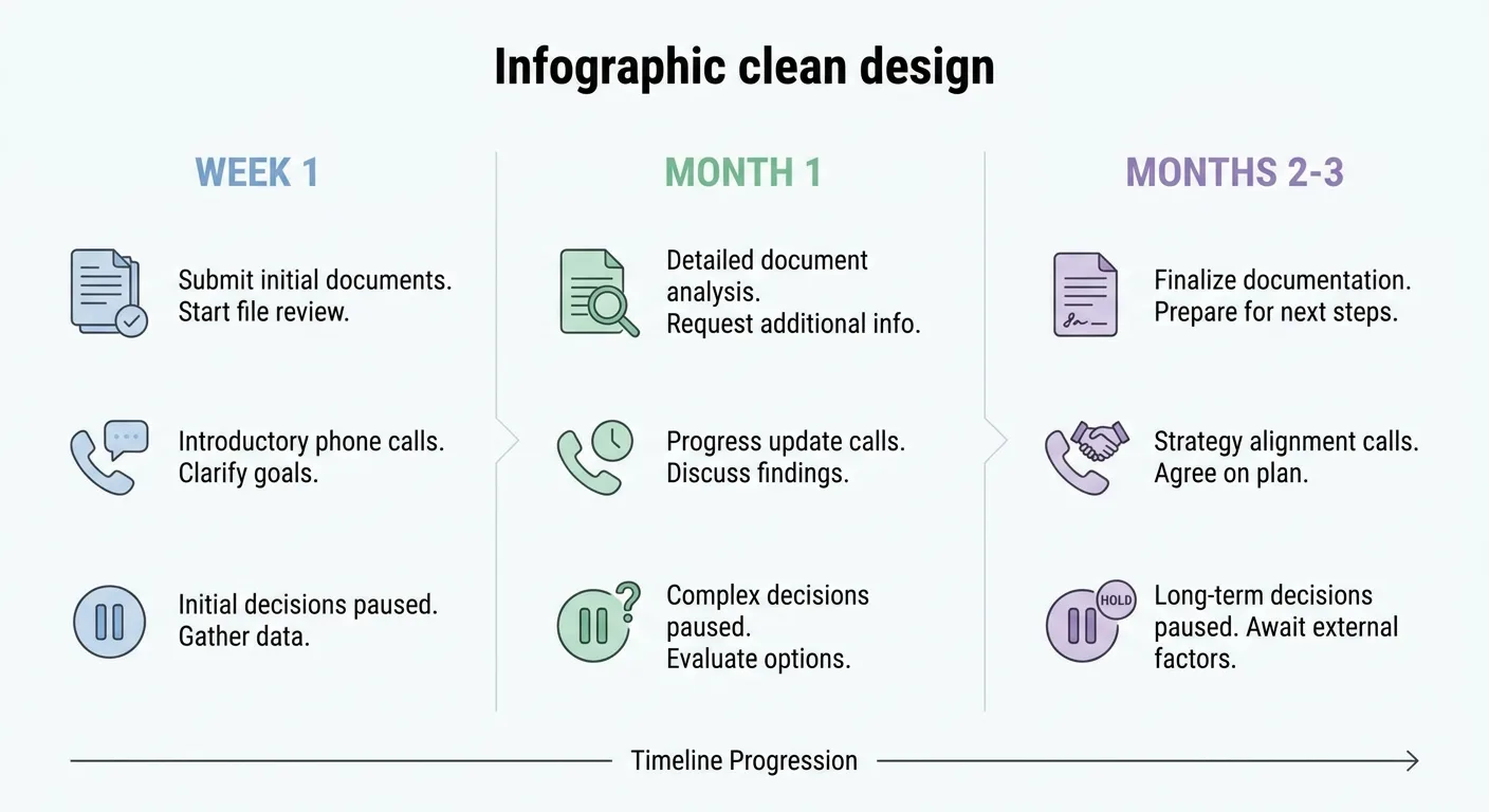 Clean infographic timeline in three columns labeled Week 1, Month 1, Months