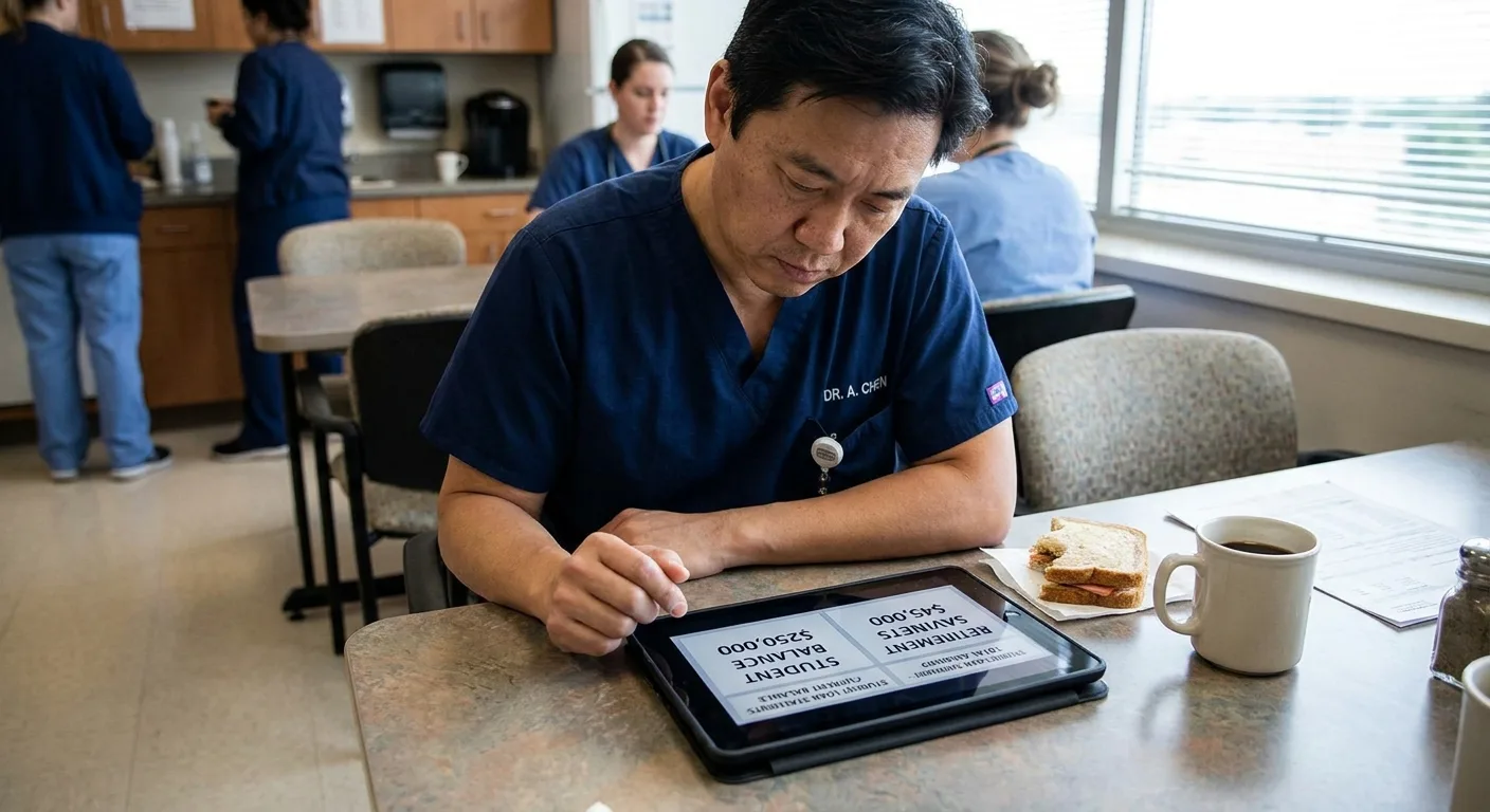 Physician in scrubs at a hospital break room table reviewing student loan