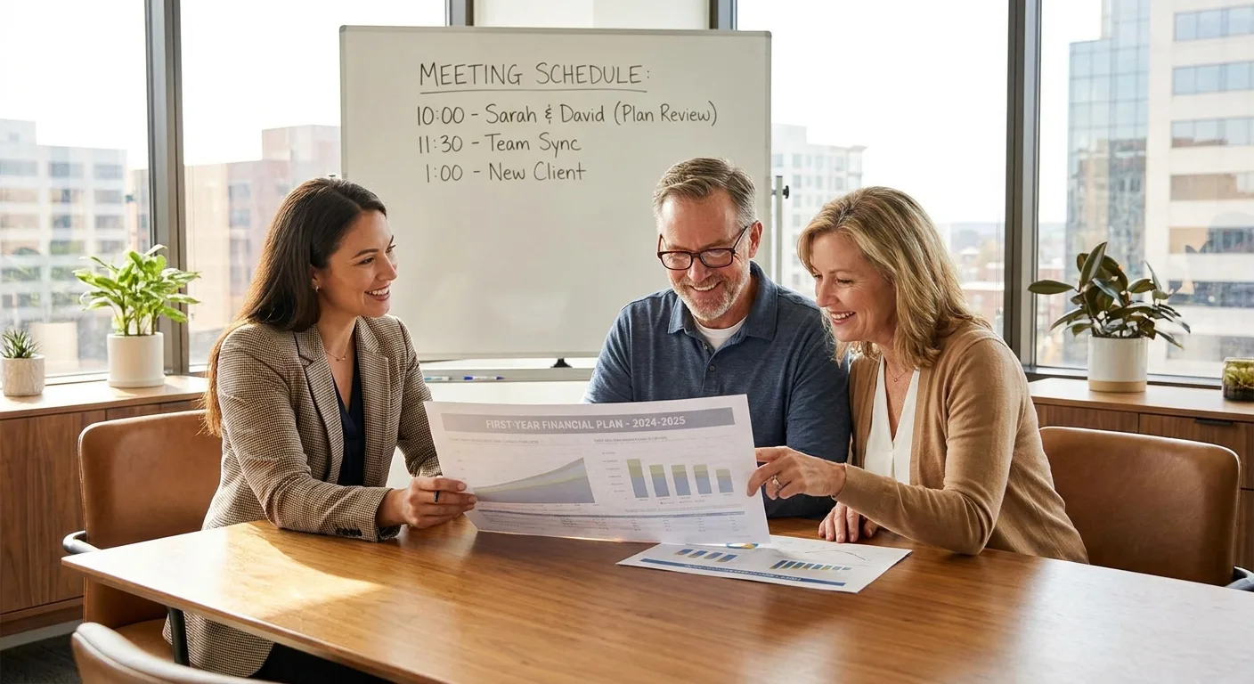 Advisor and a middle-aged couple in a bright meeting room reviewing a