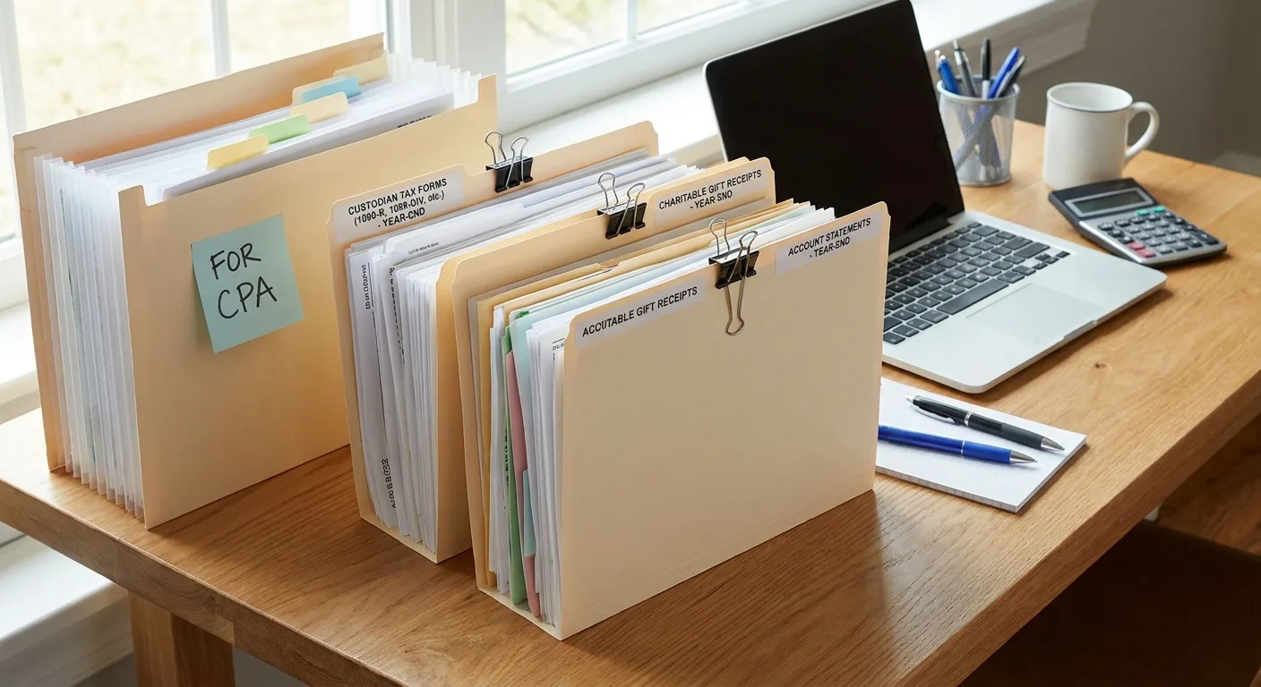 Organized desk with year-end custodian tax forms, charitable gift receipts and account