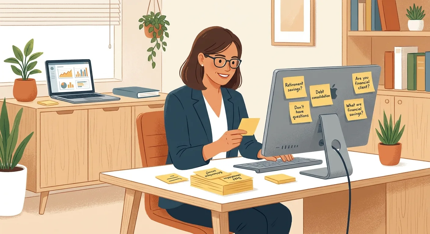 Financial advisor at a tidy office desk reading client questions on sticky