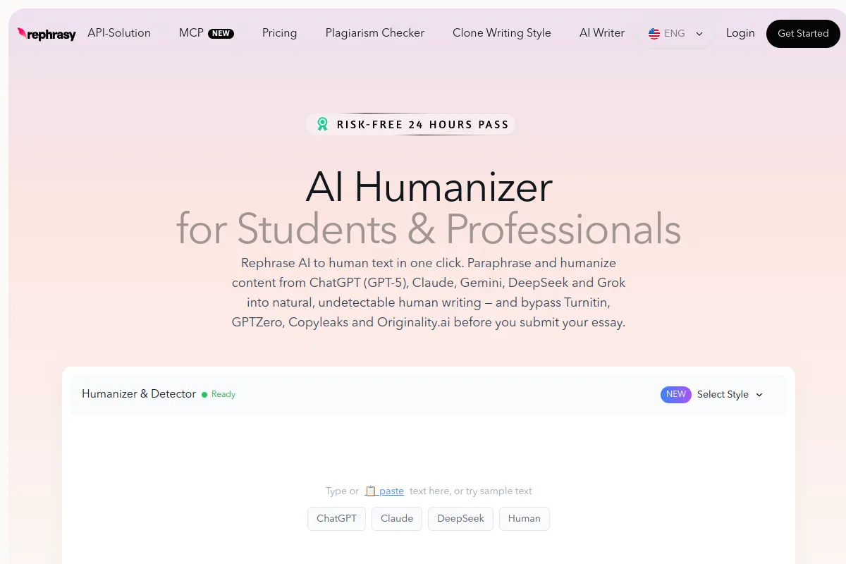 Website screenshot of rephrasy.ai