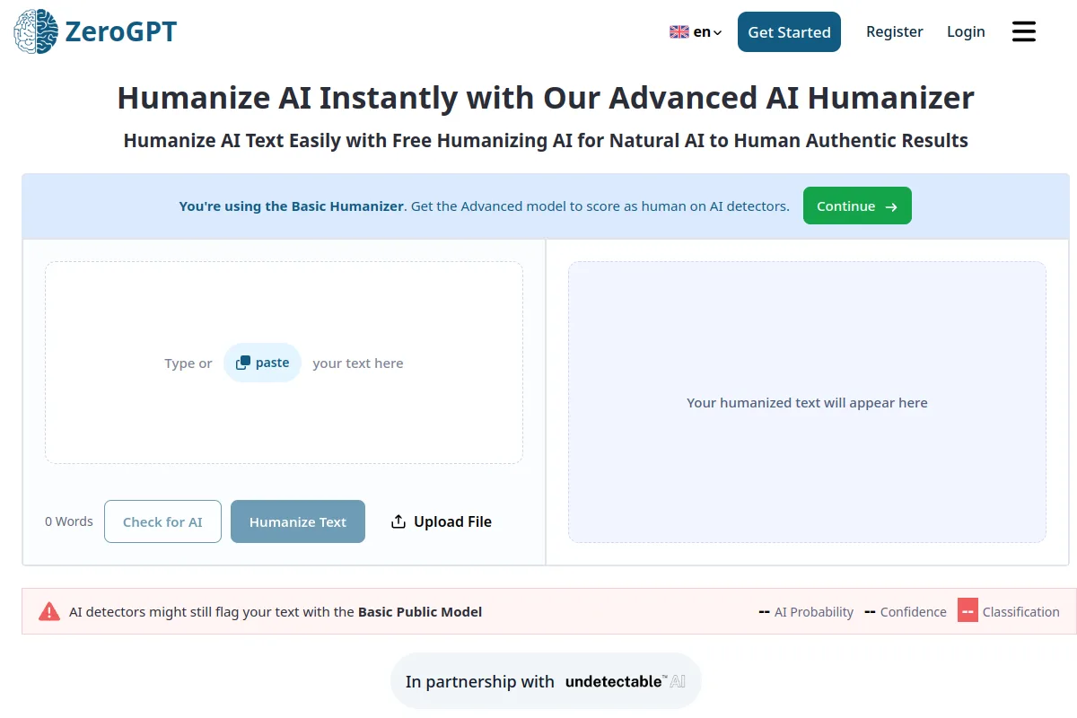 Website screenshot of zerogpt.com