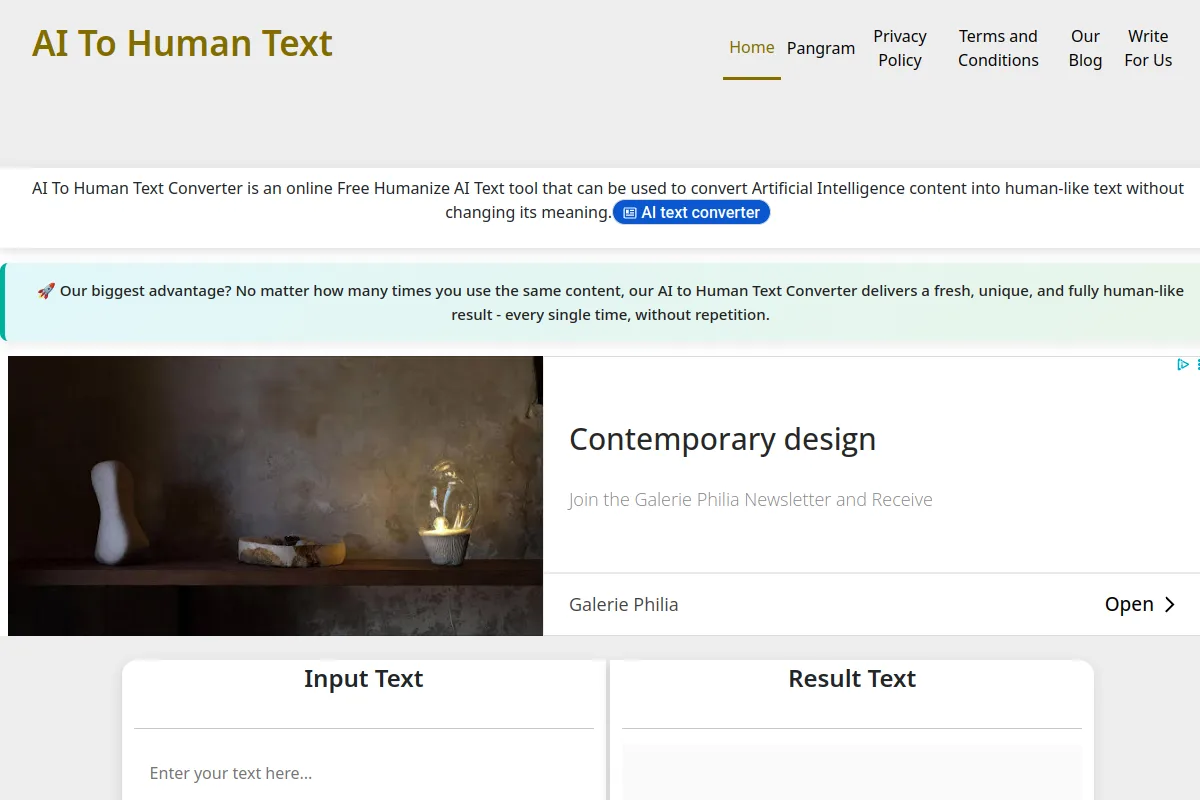 Website screenshot of aitohumantextconverter.com