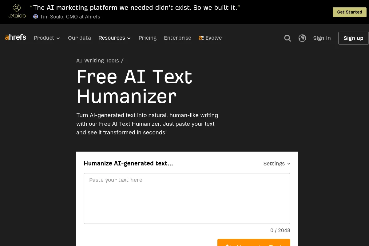 Website screenshot of ahrefs.com