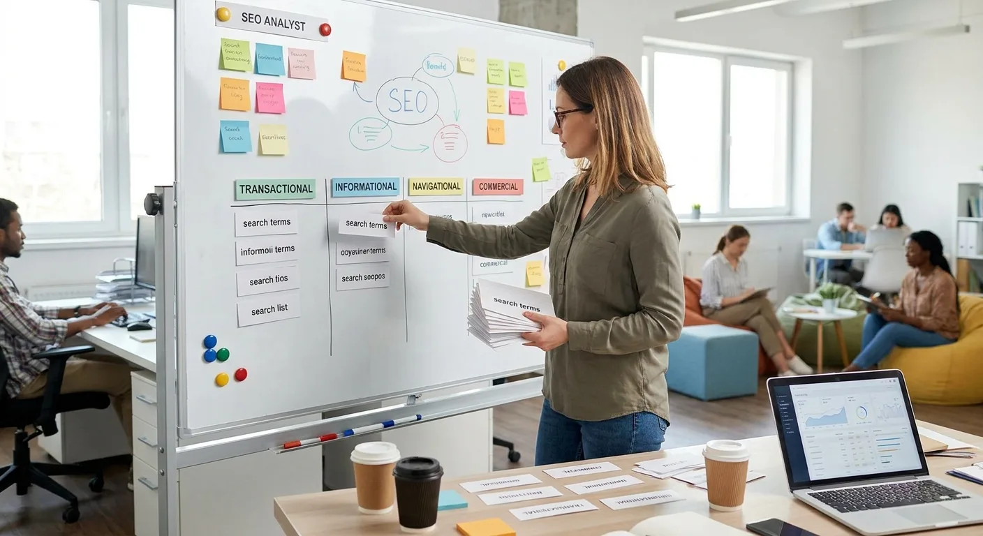 Realistic photo of an SEO analyst sorting printed search query cards into