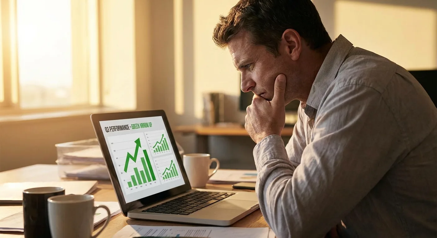 Realistic office photo of a marketing manager frowning at a laptop dashboard