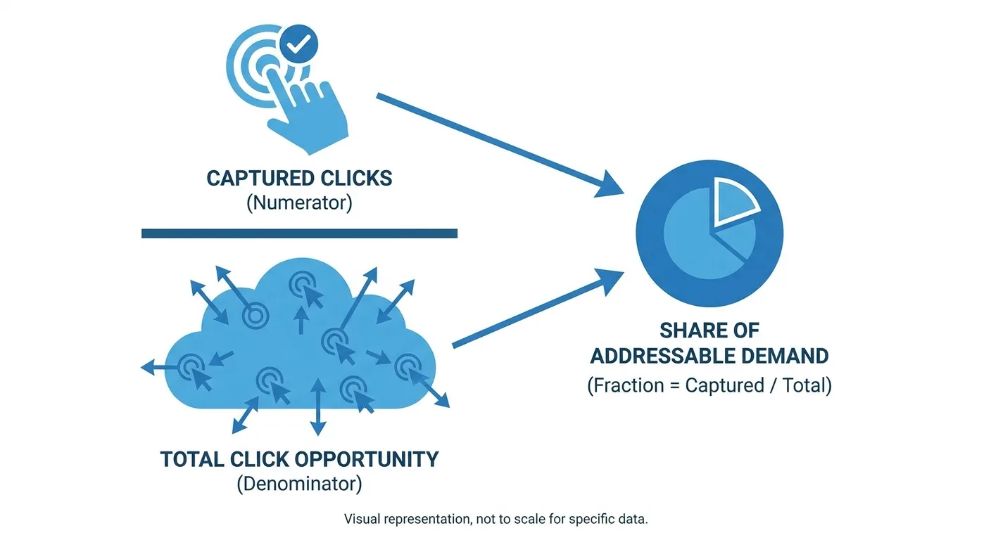 Clean infographic showing share of addressable demand as a fraction: captured clicks