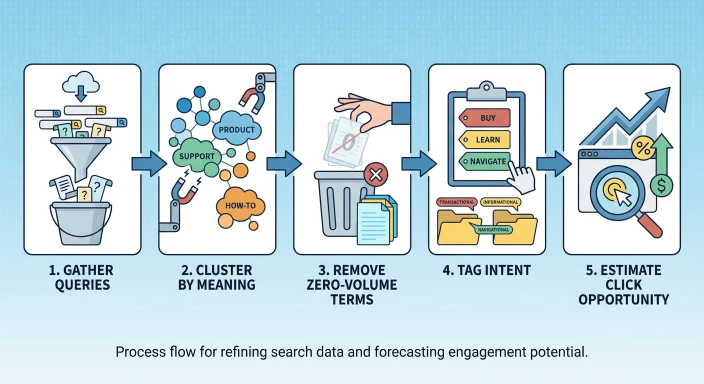 Infographic of a five-step left-to-right flow: gather queries, cluster by meaning, remove