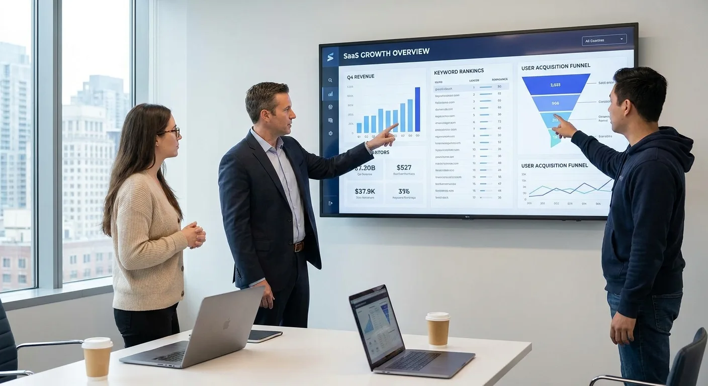 Meeting room scene where an executive, an SEO manager and a SaaS